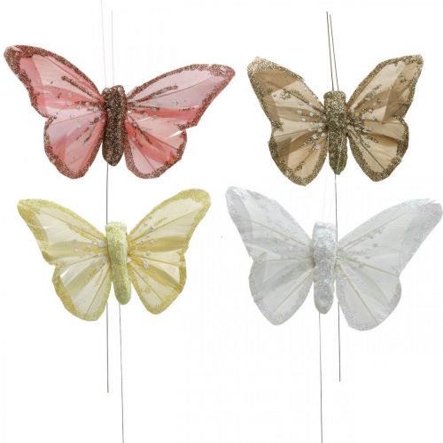 Motýli se slídou, svatební dekorace, ozdobné špunty, pírko motýl žlutá, béžová, růžová, bílá 9,5×12,5cm 12ks