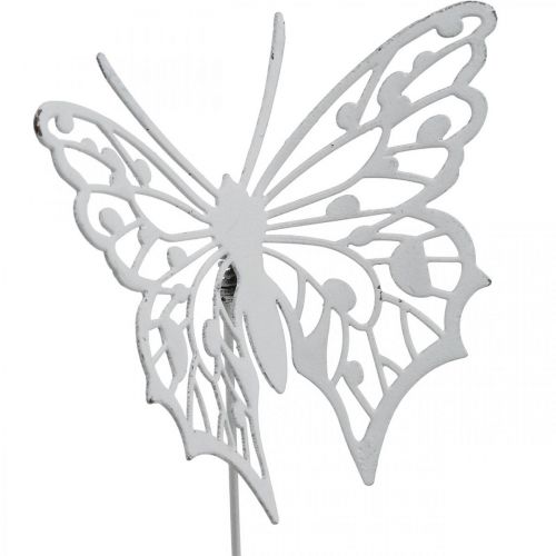 Floristik24 Květinová zátka motýl, zahradní dekorace kovová, rostlinná zátka shabby chic bílá, stříbrná L51cm 3ks