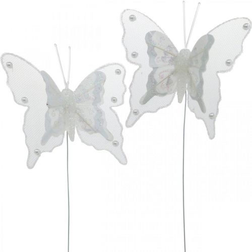 Motýli s perlami a slídou, svatební dekorace, pírko motýlci na bílém drátu