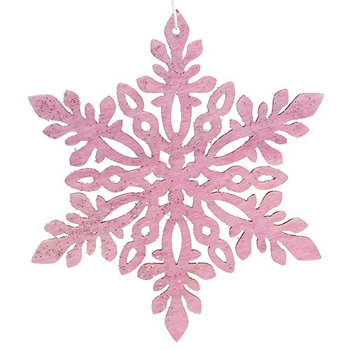 Sněhová vločka dřevo 8-12cm růžová / bílá 12ks.