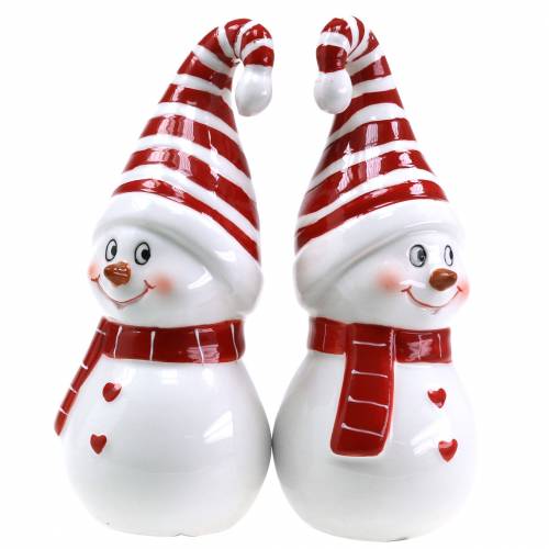 Floristik24 Vánoční figurka sněhuláka se špičatou čepicí keramická 15cm červená, bílá 2ks