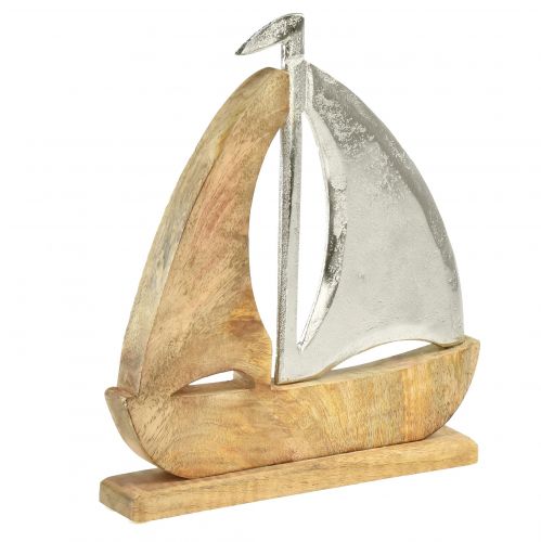 Floristik24 Dekorace plachetnice přírodní stříbro mangové dřevo 25,5x4x28,5cm