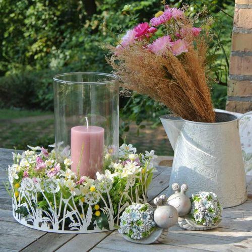 položky Dekorační tác s pampelišky, kovová dekorace na jaro bílá, stříbrná shabby chic Ø25cm V10,5cm