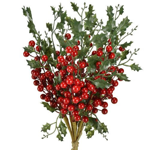 Vánoční větvička cesmíny, bobule, umělé bobule, cesmína 45 cm, 6 ks