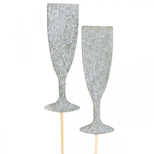 Silvestrovská dekorace sklenice na šampaňské stříbrná květinová zátka 9cm 18ks