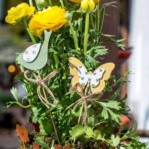 položky Zástrčka ptáček motýlek, dřevěná dekorace, rostlinná zátka jarní dekorace zelená, žlutá L24/25cm 12ks