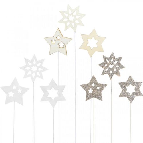 Floristik24 Flower plug stars, adventní, květinová dekorace, dřevěné hvězdy přírodní, bílá, zlatý třpyt L27/28,5cm 18 kusů