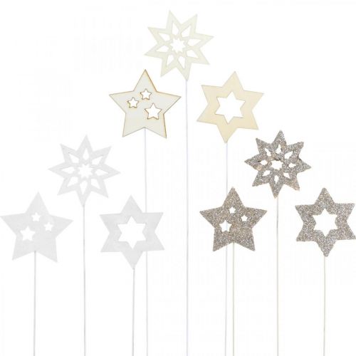 Floristik24 Flower plug stars, adventní, květinová dekorace, dřevěné hvězdy přírodní, bílé, zlaté třpytky L27 / 28,5cm 18ks