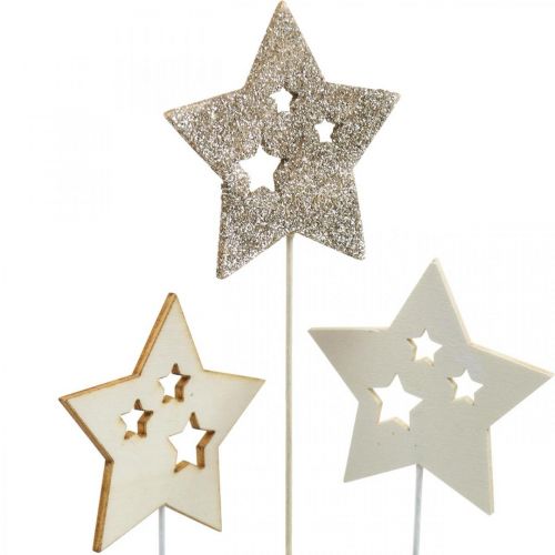 položky Flower plug stars, adventní, květinová dekorace, dřevěné hvězdy přírodní, bílé, zlaté třpytky L27 / 28,5cm 18ks