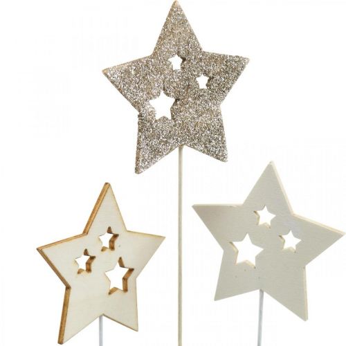 Floristik24 Flower plug stars, adventní, květinová dekorace, dřevěné hvězdy přírodní, bílá, zlatý třpyt L27/28,5cm 18 kusů