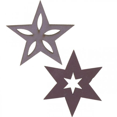 Deco dřevěné hvězdy fialové vánoční hvězdy samolepící 4cm mix 36ks