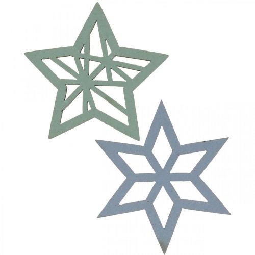 Floristik24 Deco hvězdičky dřevo modré, zelené dřevěné hvězdičky vánoční 4cm mix 36ks