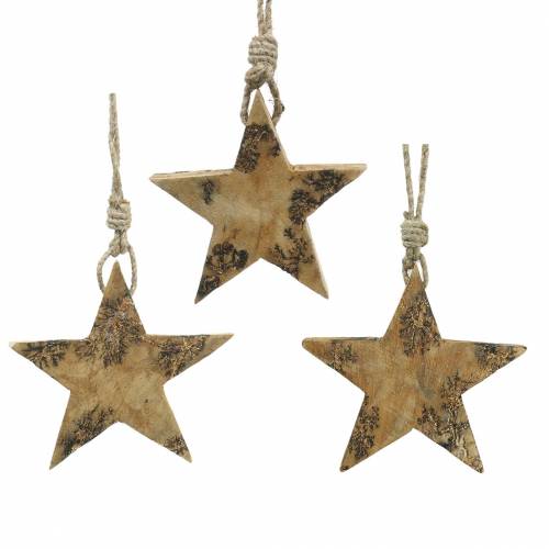 Floristik24 Dřevěné hvězdičky s třpytivými vložkami k zavěšení přírodní mangové dřevo 6,4-7,1cm × 7-7,8cm 3ks