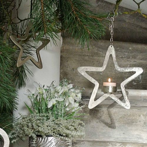 položky Dekorativní hvězda k zavěšení svícen na čajovou svíčku kovový stříbrný 20cm