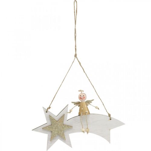 položky Anděl na padající hvězdě, vánoční dekorace na zavěšení, adventní bílá, zlatá V13cm Š21,5cm 2ks