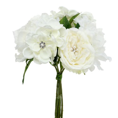 Floristik24 Dekorativní kytice bílá s perličkami a kamínky 29cm