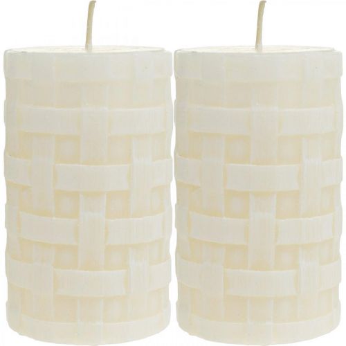 Floristik24 Rustikální svíčky, svíčky z bílého vosku, svíčky sloupové se vzorem košíku 110/65 2ks