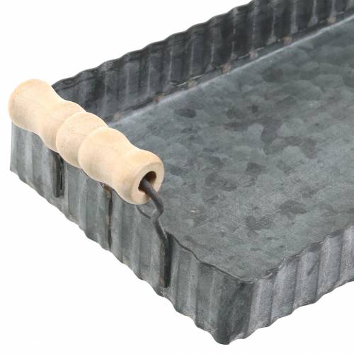 Floristik24 Ozdobný podnos s dřevěnými uchy zinek stříbrný 24 × 12,5 cm