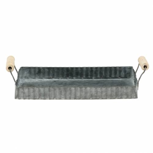 Floristik24 Ozdobný podnos s dřevěnými uchy zinek stříbrný 24 × 12,5 cm