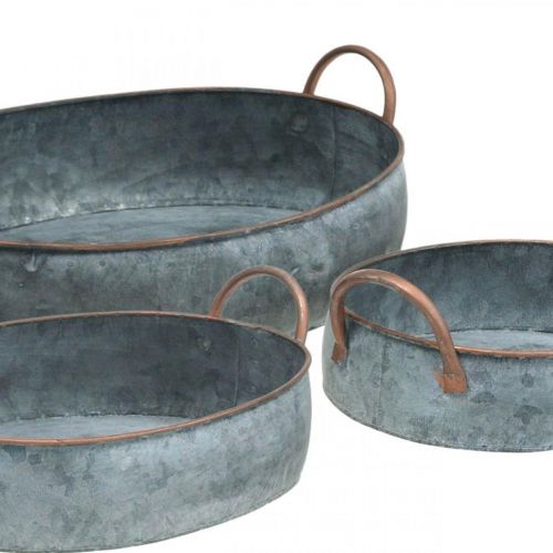 Floristik24 Kovová miska s uchy, květináč, ozdobný tác Shabby Chic stříbrná, bílá mytá L35,5 / 30,5 / 26,5 cm sada 3 ks