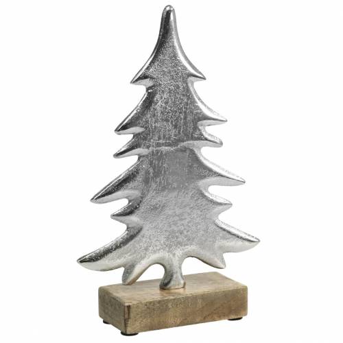 Dekorativní jedle na dřevěné podložce stříbrná, přírodní kov 24cm × 16cm | Floristik24.cz