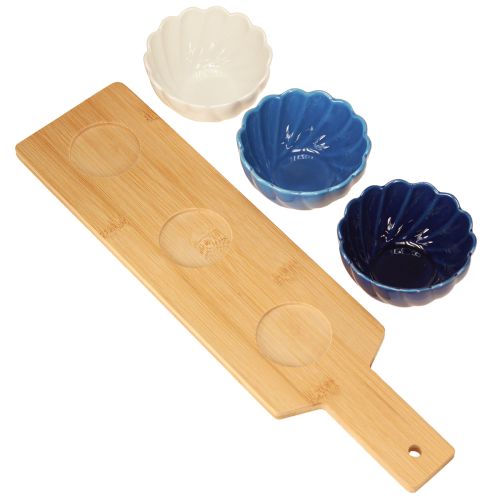 položky Tapas sada s keramickými miskami na podnosu modrá a bílá 40×10cm