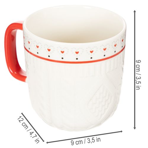 Hrnek na kávu s červenou rukojetí, pleteným vzorem a zdobením ve tvaru srdce, keramický, 9 cm, 2 kusy | Floristik24.cz