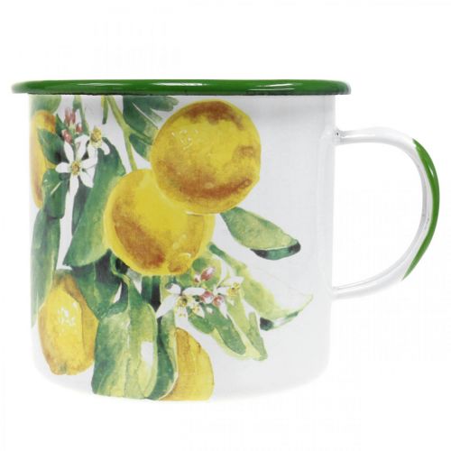 položky Smaltovaný hrnek na květináč, ozdobný hrnek s citronovou ratolestí, středomořský květináč Ø9,5cm H10cm