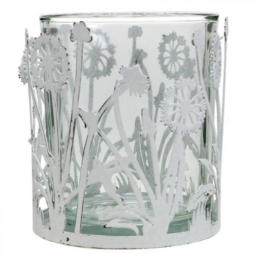 Floristik24 Lucerna s pampelišky, stolní dekorace, letní dekorace shabby chic stříbrná, bílá V10cm Ø8,5cm