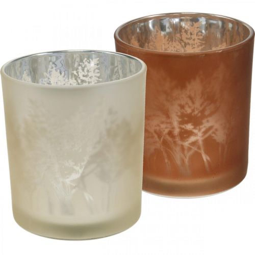 Floristik24 Skleněná lucerna, sklo na čajovou svíčku s motivem listů, podzimní dekorace Ø8cm V9cm 2ks