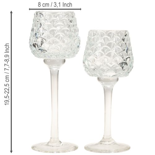 položky Skleněný kuželový svícen na čajové svíčky s podstavcem, výška 19,5/22,5 cm, sada 2 kusů