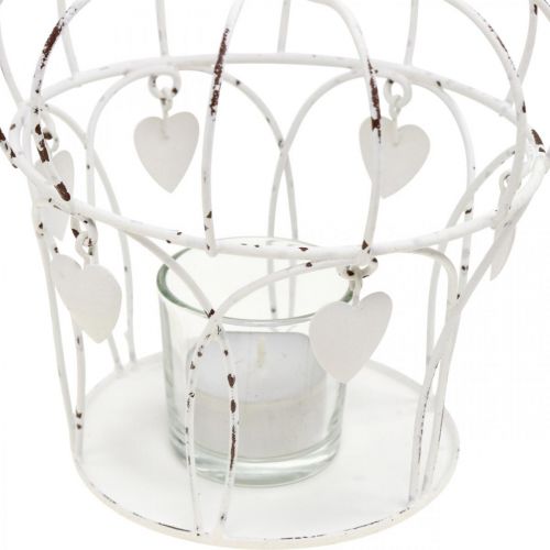Floristik24 Korunka na čajovou svíčku se srdíčky shabby chic bílá Ø14cm V22cm