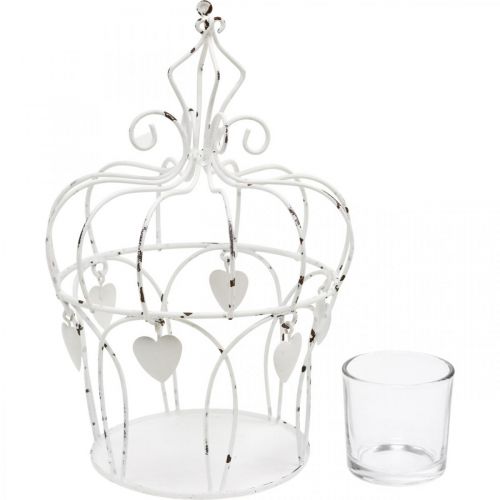 Floristik24 Korunka na čajovou svíčku se srdíčky shabby chic bílá Ø14cm V22cm