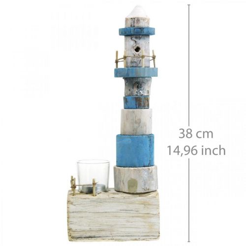 Floristik24 Dřevěný maják s čajovou svíčkou skleněná námořní dekorace modrá, bílá V38cm
