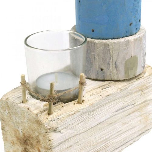 položky Dřevěný maják s čajovou svíčkou skleněná námořní dekorace modrá, bílá V38cm