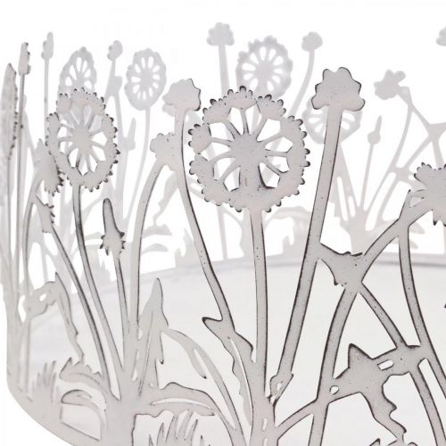 položky Dekorační tác s pampelišky, kovová dekorace na jaro bílá, stříbrná shabby chic Ø25cm V10,5cm
