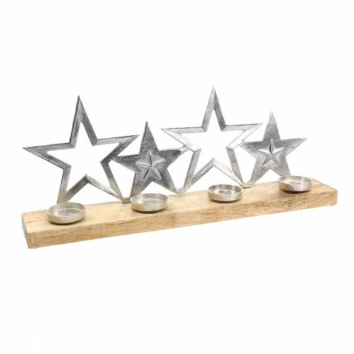 Floristik24 Silueta hvězdy svícnu na dřevěném podstavci stříbrná, přírodní kov, mangové dřevo 35cm × 14cm
