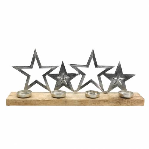 Floristik24 Silueta hvězdy svícnu na dřevěném podstavci stříbrná, přírodní kov, mangové dřevo 35cm × 14cm