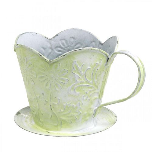 Floristik24 Květináč, ozdobný držák kávového filtru, kovový kelímek na pěstování, květinová dekorace zelená, bílá shabby chic V11cm Ø11cm