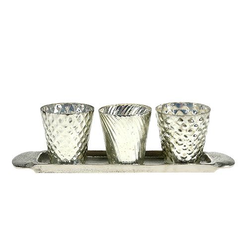 Floristik24 Stolní dekorační talíř se 3 skleničkami na čajové svíčky stříbrná Ø7cm V8cm