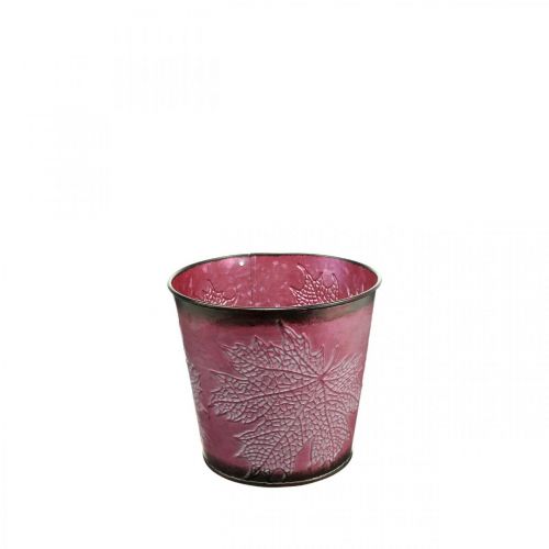 položky Dekorační květináč na sázení, plechové vědro, kovová dekorace se vzorem listů vínově červená Ø14cm V12,5cm