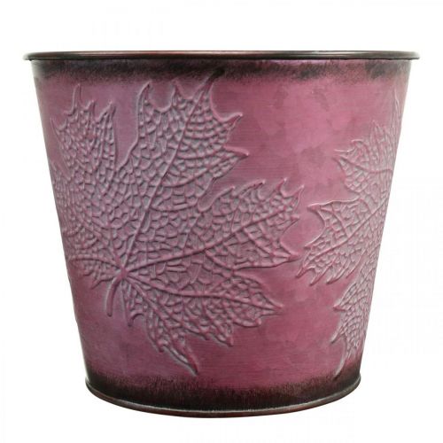 položky Květináč s ozdobou listů, podzimní dekorace, kovový květináč vínově červený Ø16,5 cm V14,5 cm