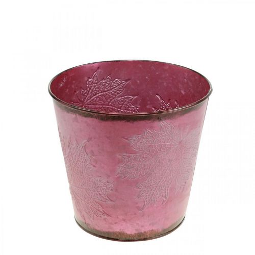 Květináč, kovové vědro s listím, podzimní dekorace vínově červená Ø18cm V17cm