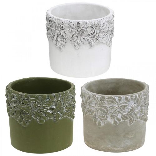 Floristik24 Keramická nádoba, květináč s dekorem dubu, květináč zelená / bílá / šedá Ø13cm H11,5cm sada 3 ks