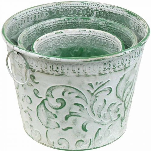 položky Kovové květináče s uchy, květináče s ražbou bílá, zelená shabby chic H20,5/18,5/16cm Ø25,5/20,5/15,5cm sada 3ks