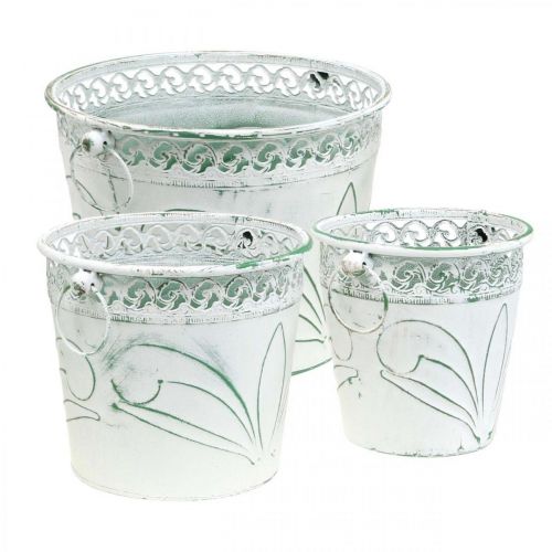 položky Plechová vana s ražbou, květináč s držadly bílá, zelená shabby chic H22/19,5/17,5cm Ø25,5/20,5/15,5cm sada 3ks