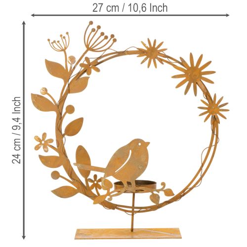 Dekorativní svíčka na čajovou svíčku s ptákem a květinovým vzorem, rezavý vzhled 24×27×6 cm | Floristik24.cz