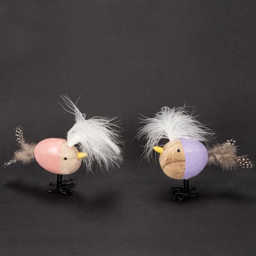 položky Dekorativní dřevěný ptáček s peřím a barevným tělem na dekoraci stolu, 10 cm, 6 kusů