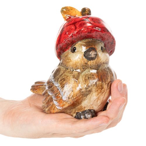 Dekorativní figurka ptáka s červenou jablečnou čepicí, podzimní dekorace, 13 cm | Floristik24.cz