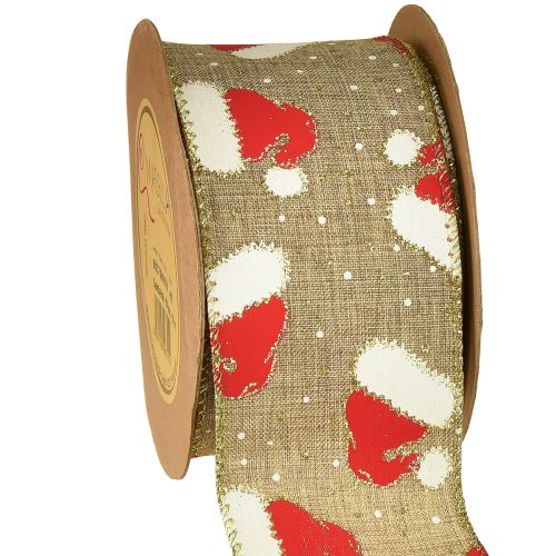 Vánoční stuha s čepicemi Santy, hnědá, 60 mm, 10 m
